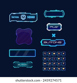 Set Different Buttons Hud Futuristic Sci Fi Text Frame Window  Purple Blue Dark  Banner Pop Up Window Game UI Screen Panel Blue Skull Logo  Vector Design