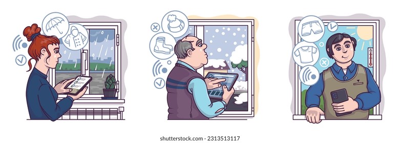 Set of different buyers searching for clothes. Lady holding smartphone and looking at clothes for rain. Male order winter boots and hat, man looking at summer clothes. Flat vector illustration