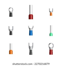 Set of different cable lugs isolated on white background. 3D vector illustration, front view.