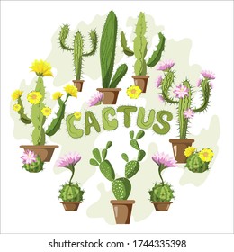 A set of different cacti, great design for any purpose. Blooming cactus on a bright background. Modern card design. Vector illustration in cartoon style.