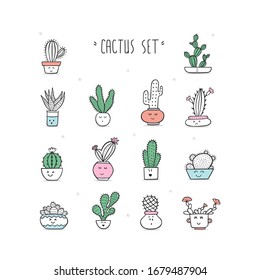 Set of different cacti in pots with faces. Vector characters in doodle style. Collection of hand-drawn elements.  Eps