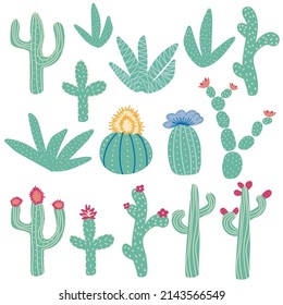 Set different cactus. Bright repeated texture with green cacti. Natural hand drawing background with desert plants.