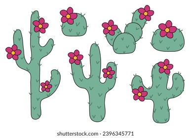 Set of different Cactus plants with flowers. Vector flat illustration isolated on white background.