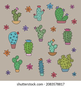 Set of different Cactus plants on beige background. Cacti stickers set. Doodle style vector illustration.