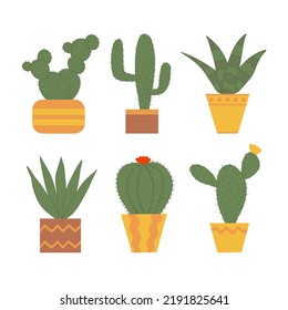 Conjunto de diferentes cactus en macetas, vector de doodle plano