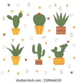 Conjunto de diferentes cactus en macetas sobre fondo de doodle, vector de doodle plano