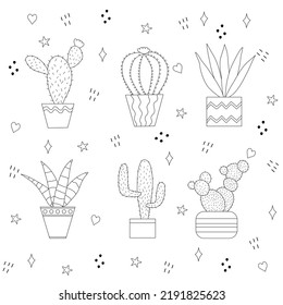 Conjunto de diferentes cactus en macetas sobre fondo de doodle, contorno vectorial plano