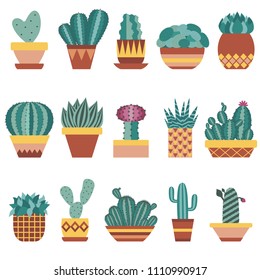 Set of different cactus and succulents in flower pots with geometric print. Various green houseplants collection in plant stands for interior, potted cacti with flowers decorative illustration.