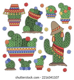 Set Of The Different Cactuses. Decorated With Flowers And Ethnic Elements. Big Tall Cacti And Round Cacti. Green Potted Plant For Home Garden. Woman Hobby. Cartoon Vector Illustration