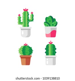 Set of different cactuses in flat style. Vector collection of cactus. Home plants cactus in pots and with flowers. Flat vector illustration.