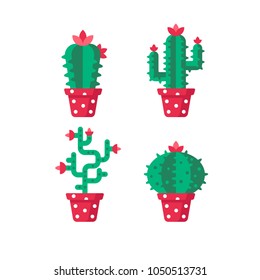 Set of different cactuses in flat style. Vector collection of cactus. Home plants cactus in pots and with flowers. Flat vector illustration.