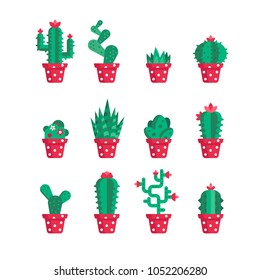 Set of different cactuses in flat style. Vector collection of cactus. Home plants cactus in pots and with flowers. Flat vector illustration.