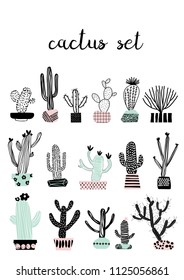Conjunto de cactos diferentes em vasos florais. Coleção de cactos de doodle. Ilustração de vetor colorido