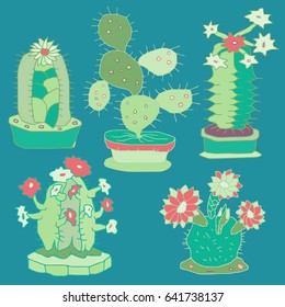 Set of different cactuses. Hand drawn vector illustration.