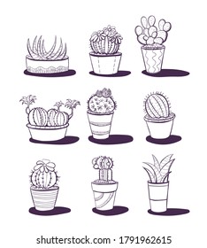 Set with different cactuses, home plants. Decorative potted house plants and flowers. For web, mobile and infographics. Monochrome sketch cartoon vector illustration isolated on white background. 