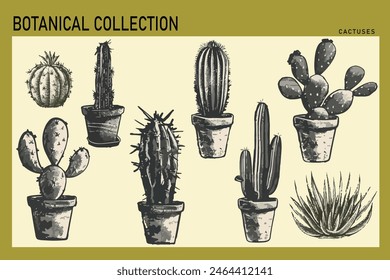 Set of different cactuses with monochrome vintage photocopy effect, y2k collage design. Stipple halftone retro design elements. Vector illustration for grunge punk surreal poster 