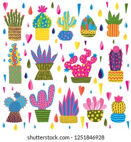Set of different cactuses on white background. Doodle cactus collection.
