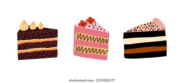 Set of different cake slices with cream. Birthday cake pieces, Strawberry, chocolate cakes. Vector illustration.