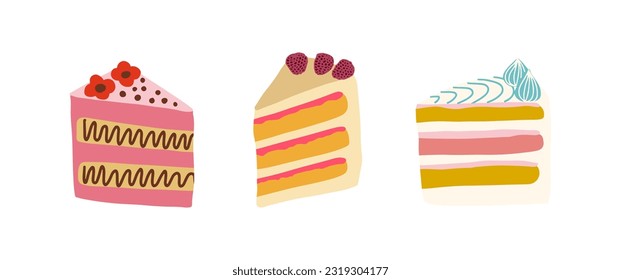 Variedad de rebanadas con crema. Tortas de cumpleaños, fresa, pasteles de chocolate. Ilustración vectorial.