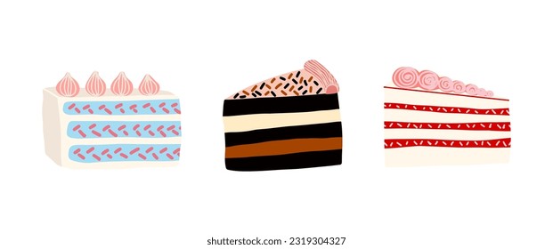 Set of different cake slices with cream. Birthday cake pieces, Strawberry, chocolate cakes. Vector illustration.