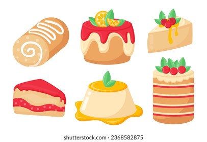 Set of different cakes concept. Dessert and delicacy. Homemade bakery with berries and jams. Sweet pastry eating, gourmet. Cartoon flat vector collection isolated on white background