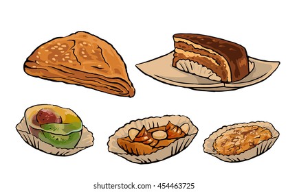 Set different cakes and dessert for cafe menu. Vector flat vintage color illustration isolated on white background