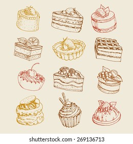 set of different cakes and desserts with cream, berries and fruit. hand drawn vector illustration