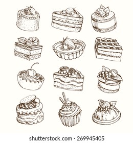 set of different cakes and desserts with cream, berries and fruit. hand drawn vector illustration