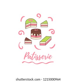 Set with different cakes and lettering. Vector illustration suitable for icons, templates, cafe and coffee shop menu.