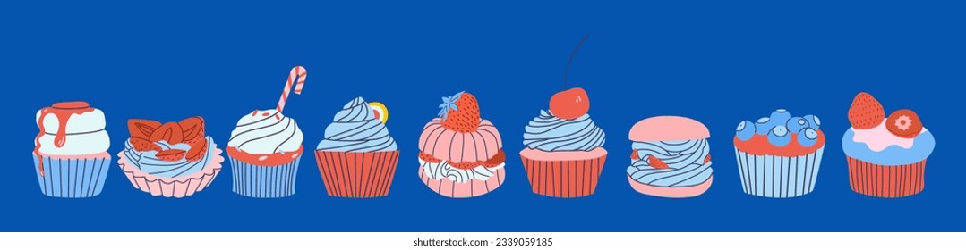 Un conjunto de pasteles, muffins y pastelitos. Bollería dulce. Ilustración vectorial.