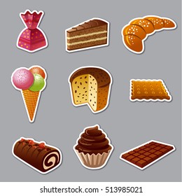 conjunto de diferentes tartas y embutidos, etiquetas y distintivos