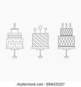 A set of different cakes, a white and black picture. Cakes in cartoon style for postcards, business cards, invitations for holidays, making menus, demonstrating desserts, decorating for children
