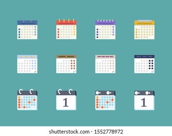Set of different calendar icons. Colored. With a dedicated weekend. Flat style. Vector.