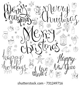 Está decorado con diferentes frases caligráficas para las vacaciones invernales. Dejando pasar Feliz Navidad, Feliz Año Nuevo. Estilo antiguo, blanco y negro. Símbolos festivos y copos de nieve en blanco.
