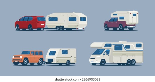 Set of different campers and caravan trailers. Vector illustration.