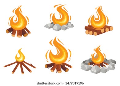 Set of different campfires burning wooden logs and camping stones flat vector illustration isolated on white background