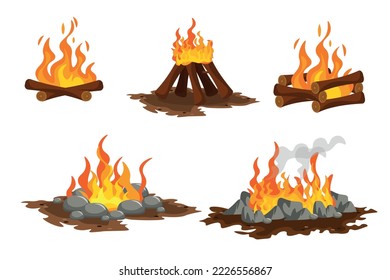Set of different campfires in cartoon style. Vector illustration of fire for camping on wood and stones on white background.