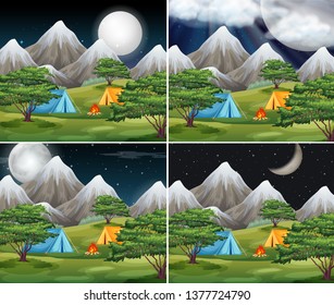 Ilustración de diferentes escenas de camping