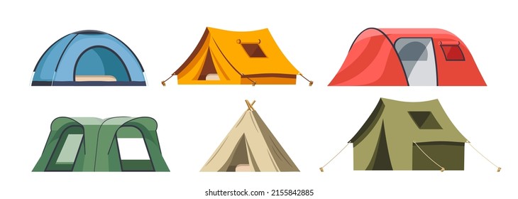 Set of different camping tents in vector flat style. Tourist tents of different shapes and colors. 