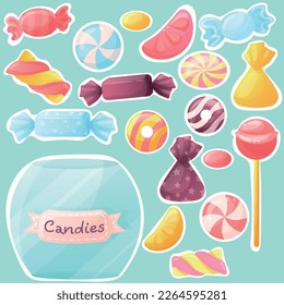 Un conjunto de diferentes caramelos en un frasco. Adultos amarillos, azules y morados en agradables tonos. Juego de pegatinas con caramelos. Un conjunto de stickers para una tienda de dulces. Dulces envueltos, chupetes y chupas