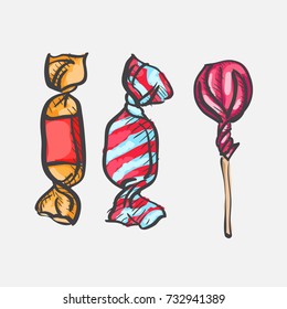set of different candies, lollipop and sweets vector illustrations