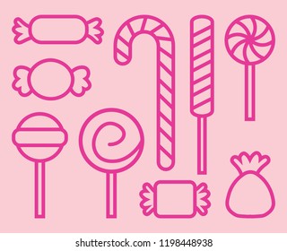 Set of different candies outline vector icons