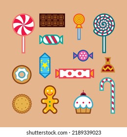Un conjunto de caramelos, dulces y pasteles diferentes. Iconos y pictogramas para las fiestas - Halloween, fiesta de cumpleaños, Navidad. Aislado.