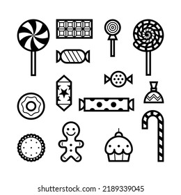 A set of different candies, sweets and cakes. Icons and pictograms for the holidays - Halloween, birthday party, Christmas. Isolated, black and white color. 