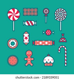 A set of different candies, sweets and cakes. Icons and pictograms for the holidays - Halloween, birthday party, Christmas. Isolated. Red, white and green color. 