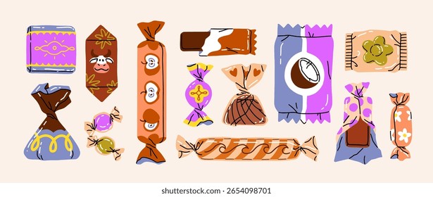Conjunto de doces diferentes em embalagens. Vários doces de chocolate, caramelo e marmelada. Pipocas gostosas, bares, bonbons. Confecções, sobremesas, guloseimas. Confeitaria. Ilustrações isoladas planas de vetor
