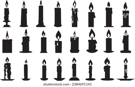 Set of different candle silhouette. Isolated vector illustration