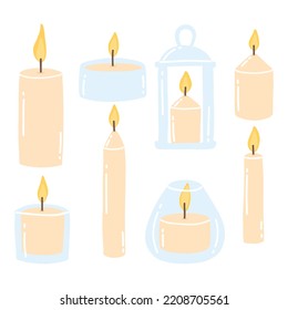 A set of different candles. Burning candles. Vector illustration. Drawn style. Collection of aroma candles.