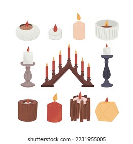 Set with different candles and candle holders. Isolated vector illustration in flat style with textured effect