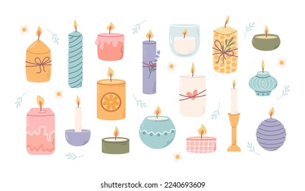 Set of different candles in candlesticks. Fragrant home decor for comfort, relaxation and spa. Vector flat illustration